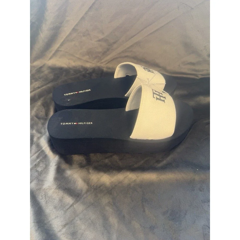 Tommy Hilfiger Mens TWADELIN-C Slide Sandals Black/White Logo US 10 Textile